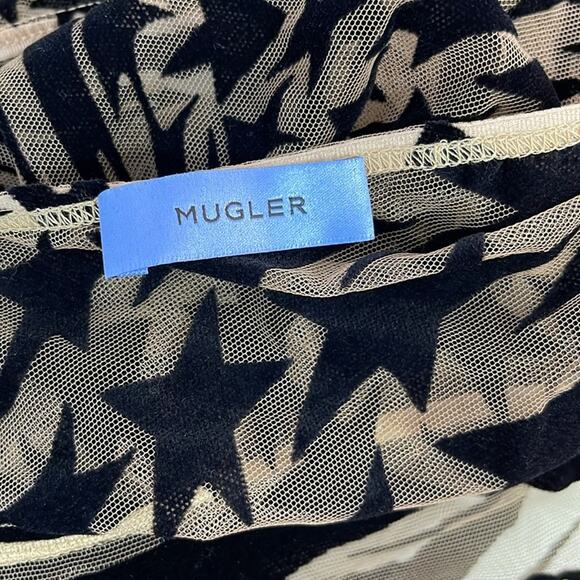 Mugler Star Print One Shoulder Mesh Black and Nude Bodysuit Size L - Picture 12 of 13